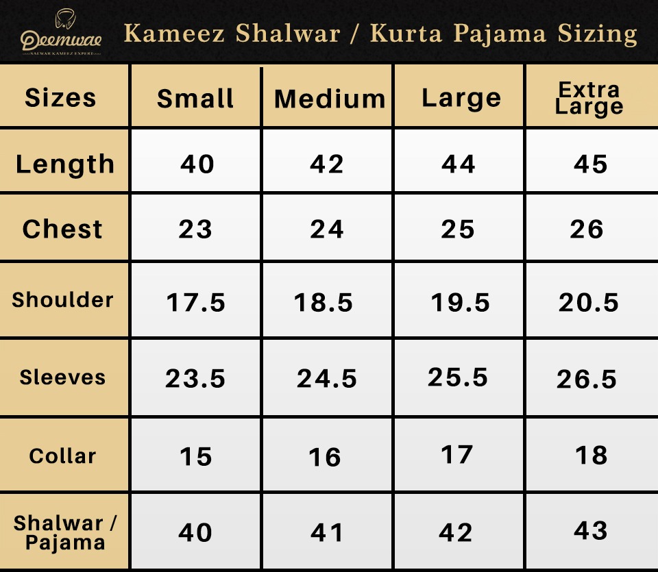Size Chart Kameez Shalwar Kurta Pajama